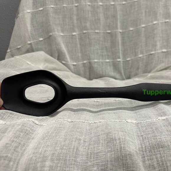 Tupperware Black Flow Thru Spoon Serving Utensil Slotted Hole with Green Handle - Picture 2 of 6